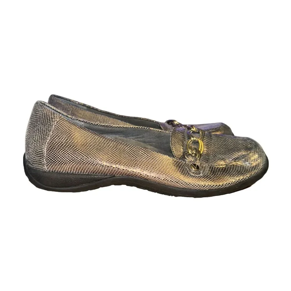 Vionic Alda Loafers Women's 6.5 Silver Snake Embossed Leather Chain Slip On Shoe